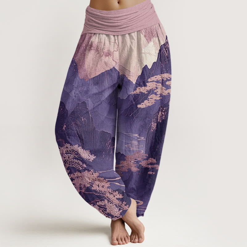 Spodnie haremowe damskie z elastyczną talią i wzorem w Buddha Stones, góry i gałęzie drzew - CiemnaOrchidea - US22, UK/AU26, EU54 (6XL) - image 8