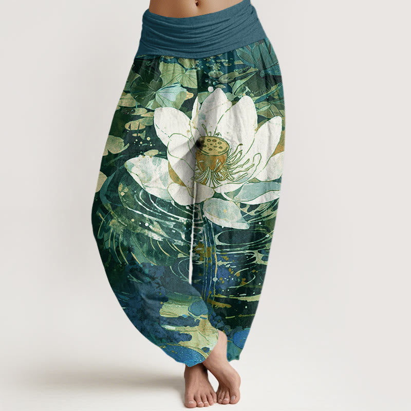 Spodnie haremowe damskie z elastyczną talią i wzorem w kwiaty lotosu w stylu Buddha Stones - SeaGreen - US22, UK/AU26, EU54 (6XL) - image 1