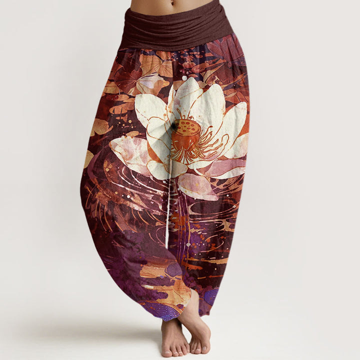Spodnie haremowe damskie z elastyczną talią i wzorem w kwiaty lotosu w stylu Buddha Stones - Brązowy - US22, UK/AU26, EU54 (6XL) - image 5
