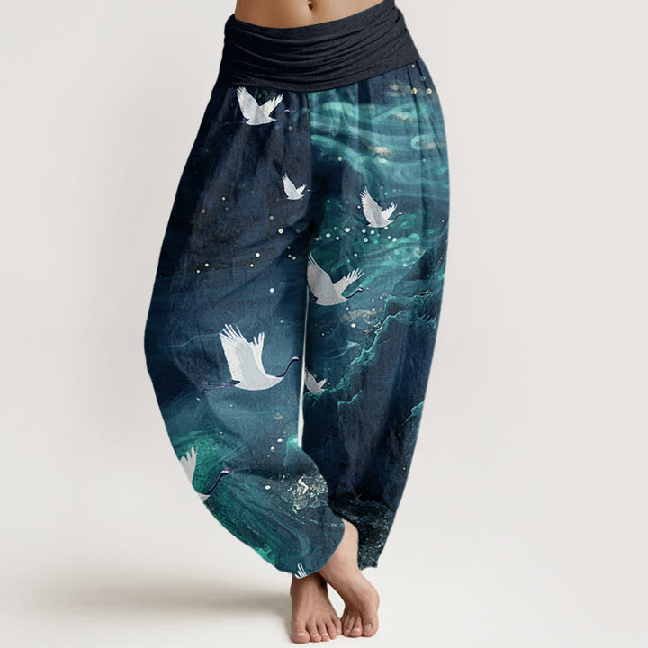 Damskie spodnie haremowe z elastyczną talią i wzorem w latające żurawie z motywem kamieni Buddha Stones - MidnightBlue - US22, UK/AU26, EU54 (6XL) - image 8