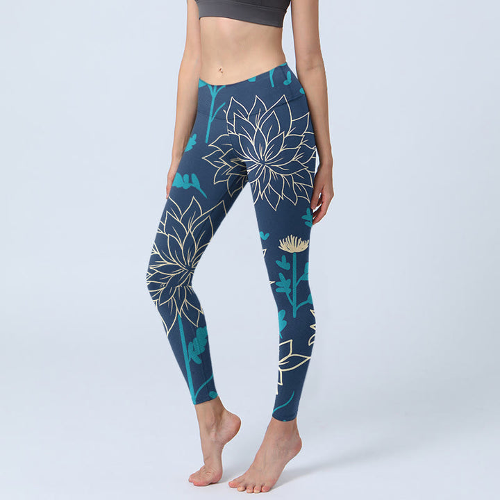 Legginsy do jogi damskie z nadrukiem "Buddha Stones w beżowe kwiaty i niebieskie liście" - Stalowoniebieski - US18, UK/AU22, EU50 (4XL) - image 1
