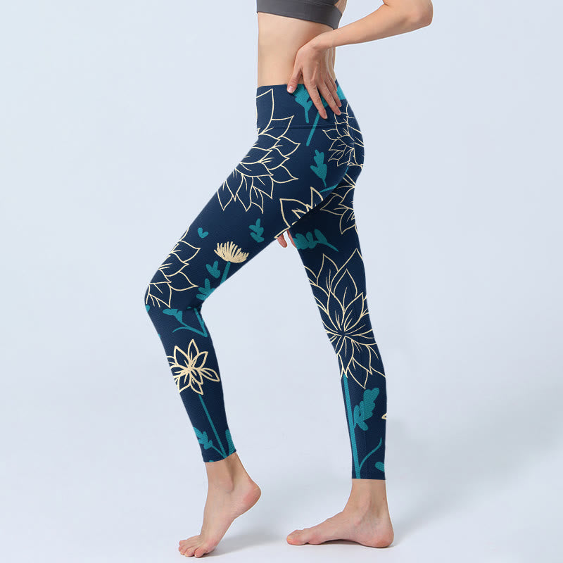 Legginsy do jogi damskie z nadrukiem "Buddha Stones w beżowe kwiaty i niebieskie liście" - image 3