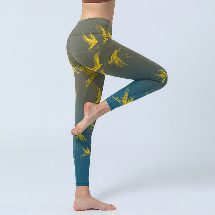 Legginsy do jogi damskie z nadrukiem złotych ptaków latających i Buddha Stones - image 4