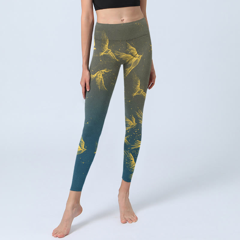 Legginsy do jogi damskie z nadrukiem złotych ptaków latających i Buddha Stones - image 6