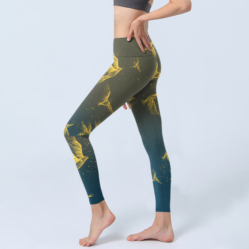 Legginsy do jogi damskie z nadrukiem złotych ptaków latających i Buddha Stones - image 3