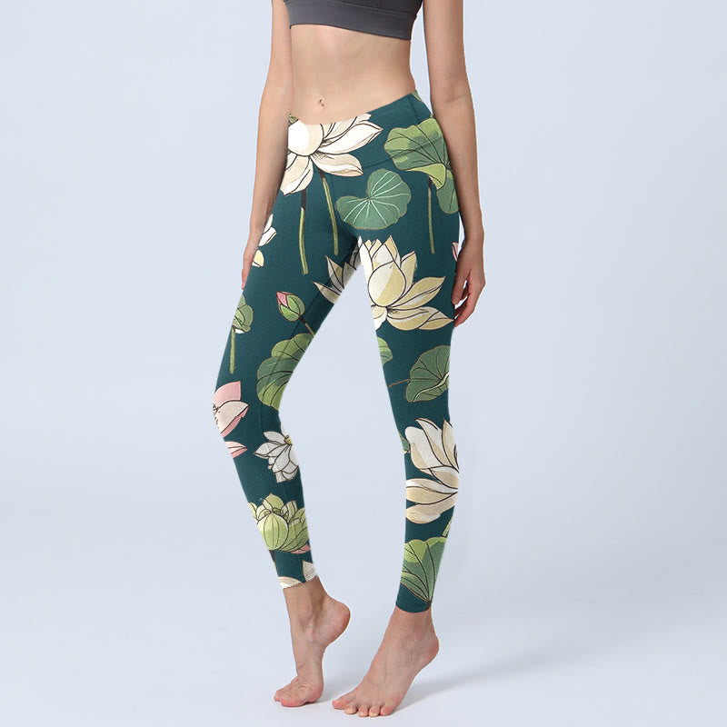 Legginsy do jogi damskie z nadrukiem kwiatów lotosu w beżowo-różowe Buddha Stones - Cyraneczka - US18, UK/AU22, EU50 (4XL) - image 1