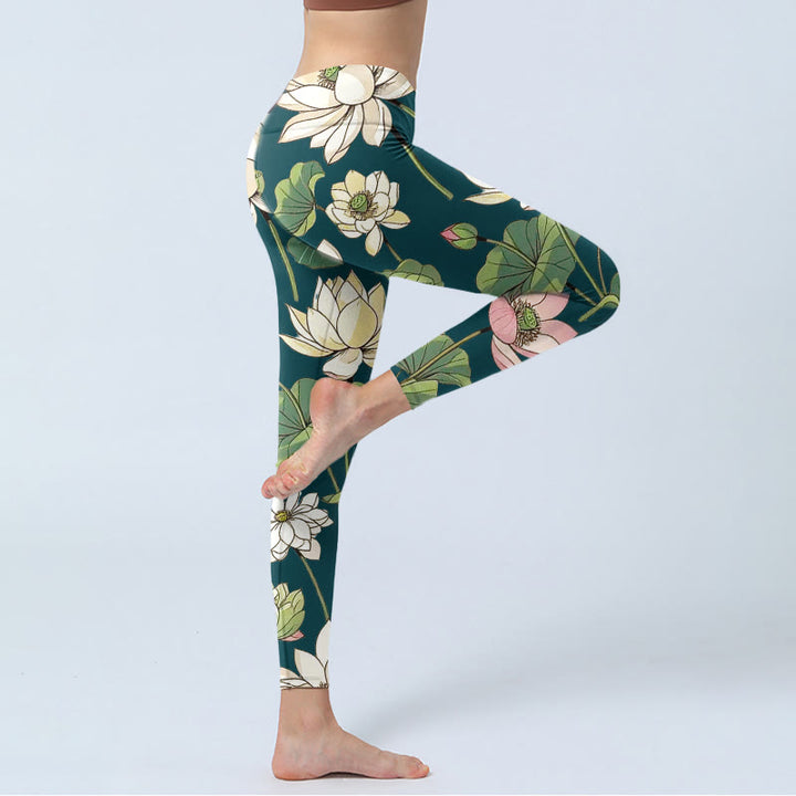 Legginsy do jogi damskie z nadrukiem kwiatów lotosu w beżowo-różowe Buddha Stones - image 4