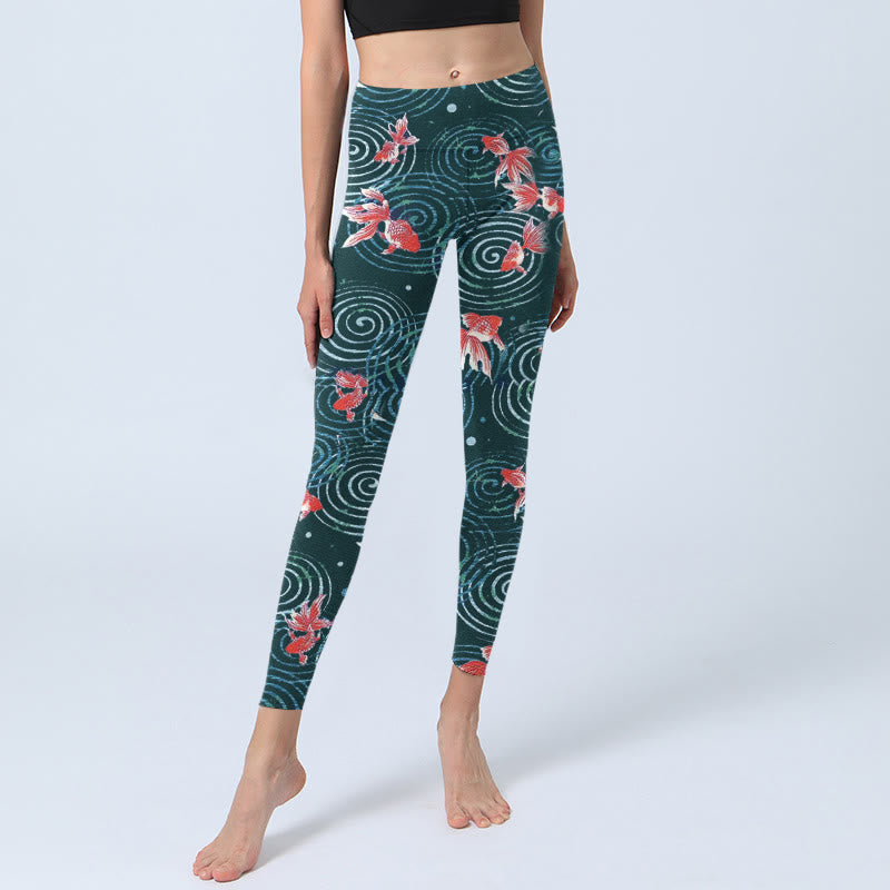 Legginsy do jogi damskie z nadrukiem "Buddha Stones" z motywem czerwonej ryby Koi i fal wodnych - image 6