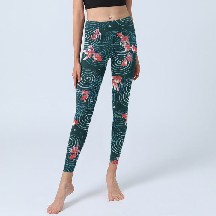 Legginsy do jogi damskie z nadrukiem "Buddha Stones" z motywem czerwonej ryby Koi i fal wodnych - image 6