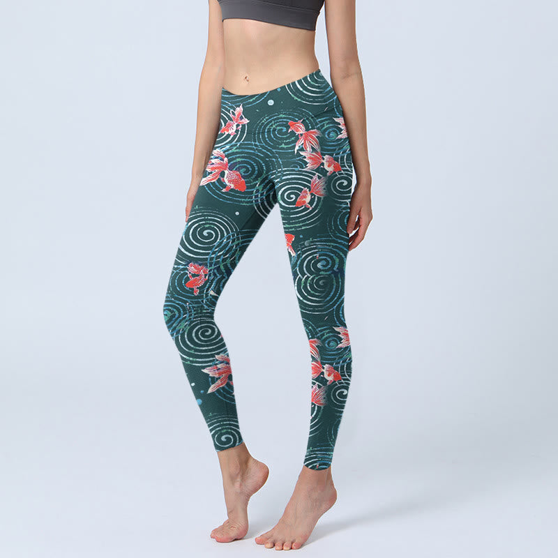 Legginsy do jogi damskie z nadrukiem "Buddha Stones" z motywem czerwonej ryby Koi i fal wodnych - CadetBlue - US18, UK/AU22, EU50 (4XL) - image 1