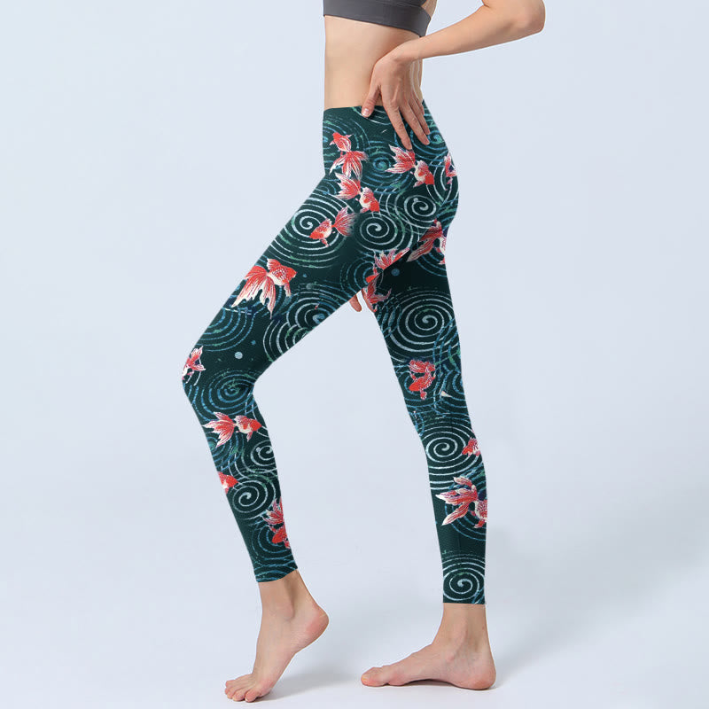 Legginsy do jogi damskie z nadrukiem "Buddha Stones" z motywem czerwonej ryby Koi i fal wodnych - image 3