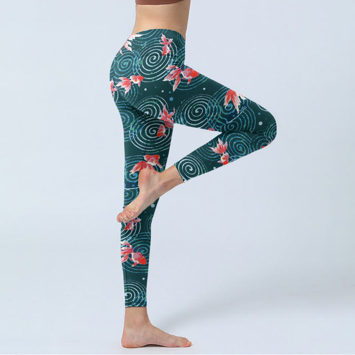 Legginsy do jogi damskie z nadrukiem "Buddha Stones" z motywem czerwonej ryby Koi i fal wodnych - image 4