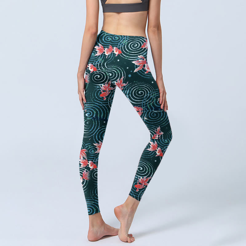 Legginsy do jogi damskie z nadrukiem "Buddha Stones" z motywem czerwonej ryby Koi i fal wodnych - image 5
