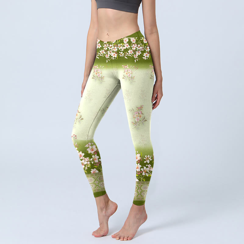 Damskie legginsy do jogi z nadrukiem "Buddha Stones" w różowe kwiaty i zielone liście - Miodowa spadź - US18, UK/AU22, EU50 (4XL) - image 1