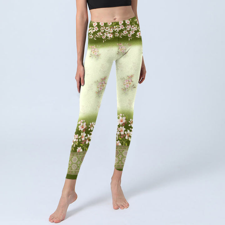 Damskie legginsy do jogi z nadrukiem "Buddha Stones" w różowe kwiaty i zielone liście - image 6