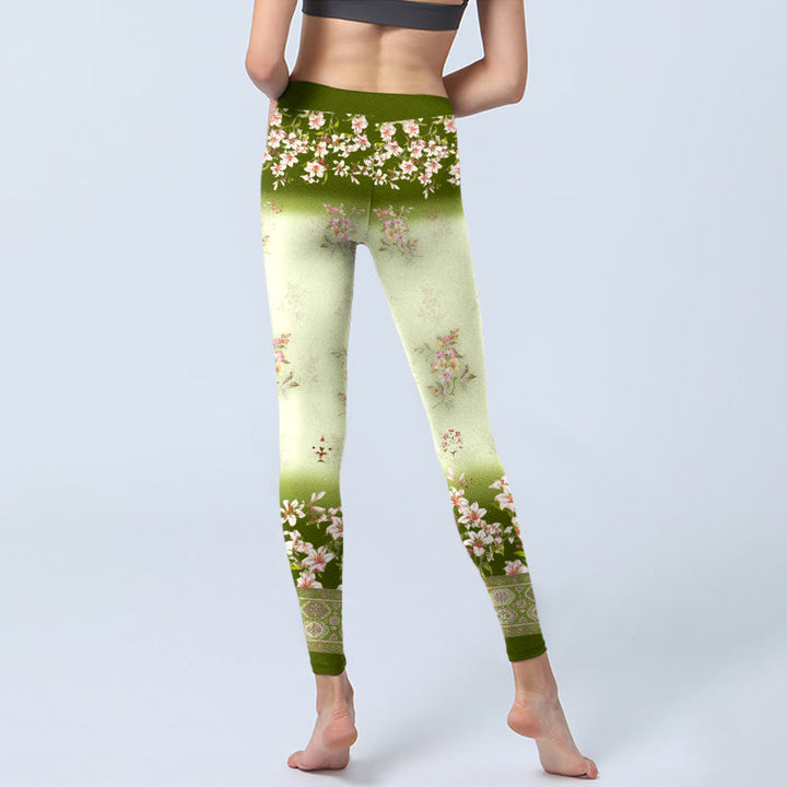 Damskie legginsy do jogi z nadrukiem "Buddha Stones" w różowe kwiaty i zielone liście - image 7