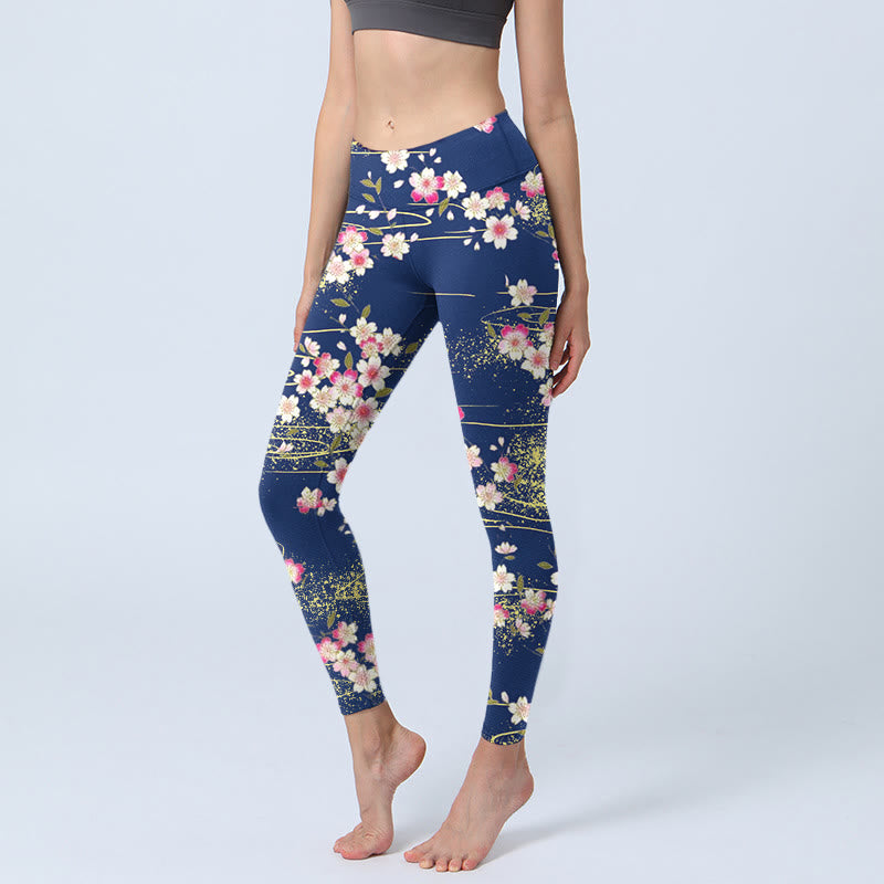 Legginsy do jogi damskie z nadrukiem w różowe kwiaty i magentę z motywem Buddha Stones - Stalowoniebieski - US18, UK/AU22, EU50 (4XL) - image 1