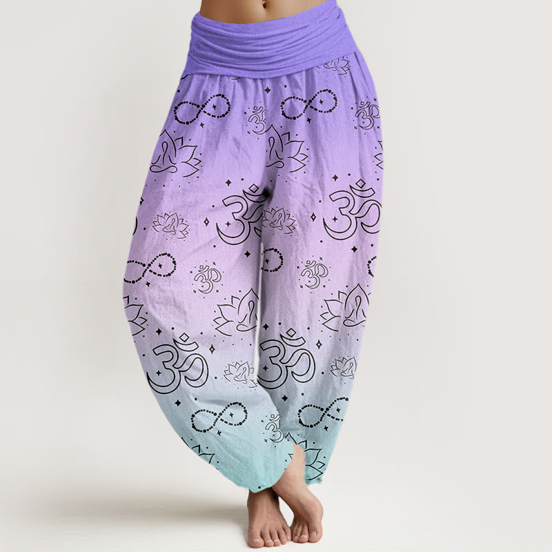 Buddha Stones , Symbol OM, Lotos, Medytacja, Wzór Nieskończoności, Damskie Spodnie Harem z Elastyczną Talią - SlateBlue - US22, UK/AU26, EU54 (6XL) - image 1