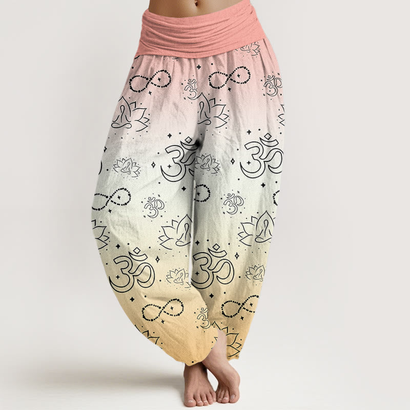 Buddha Stones , Symbol OM, Lotos, Medytacja, Wzór Nieskończoności, Damskie Spodnie Harem z Elastyczną Talią - Beżowy - US22, UK/AU26, EU54 (6XL) - image 8