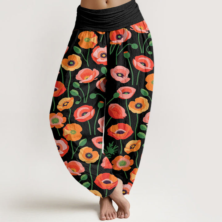 Damskie spodnie haremowe z elastyczną talią i wzorem w kwiaty w kolorze czerwonym i pomarańczowym z Buddha Stones - Czarny - US22, UK/AU26, EU54 (6XL) - image 1