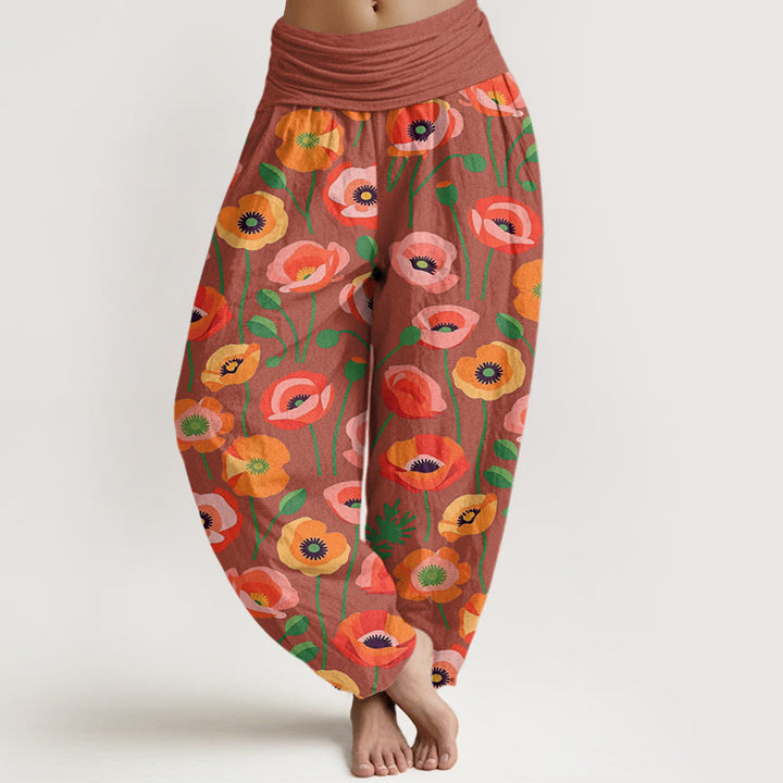 Damskie spodnie haremowe z elastyczną talią i wzorem w kwiaty w kolorze czerwonym i pomarańczowym z Buddha Stones - LightCoral - US22, UK/AU26, EU54 (6XL) - image 5