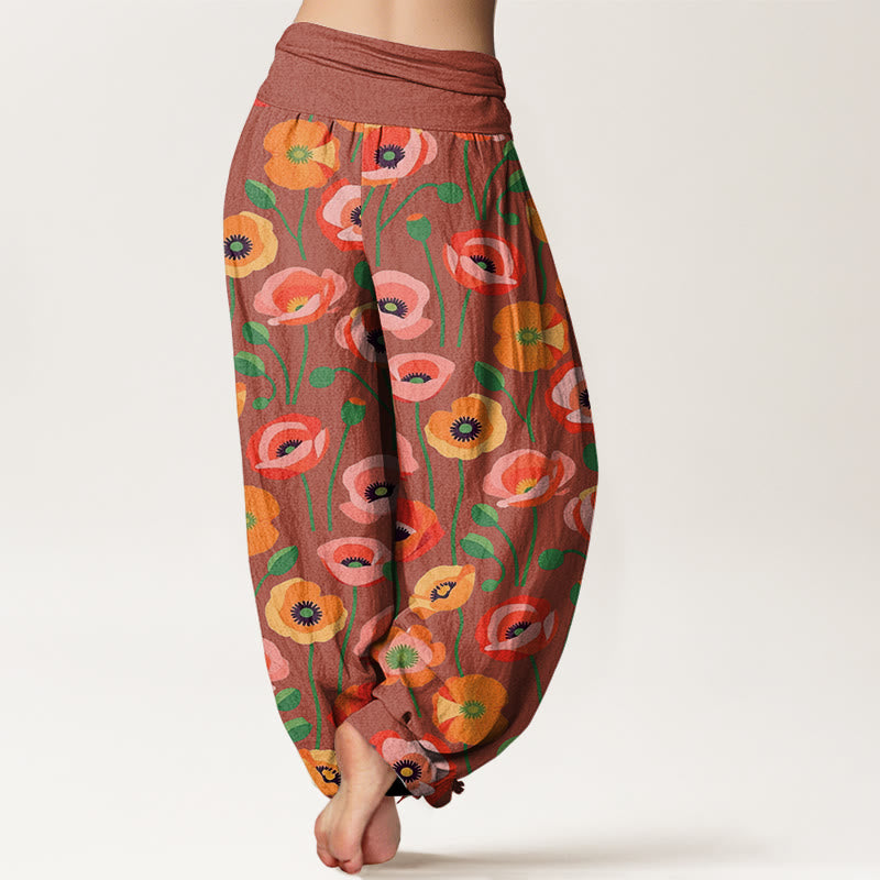 Damskie spodnie haremowe z elastyczną talią i wzorem w kwiaty w kolorze czerwonym i pomarańczowym z Buddha Stones - image 6