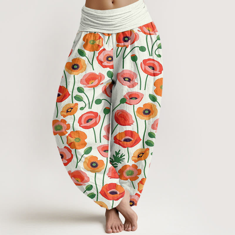 Damskie spodnie haremowe z elastyczną talią i wzorem w kwiaty w kolorze czerwonym i pomarańczowym z Buddha Stones - Beżowy - US22, UK/AU26, EU54 (6XL) - image 8