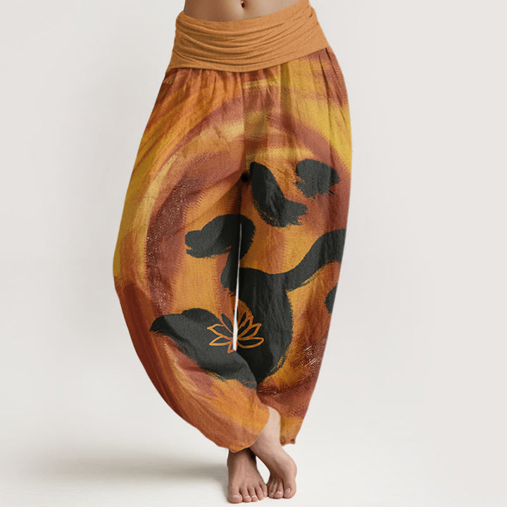 Spodnie haremowe damskie z elastyczną talią i motywem kwiatów lotosu z motywem Buddha Stones z bawełny - Peru - US22, UK/AU26, EU54 (6XL) - image 4