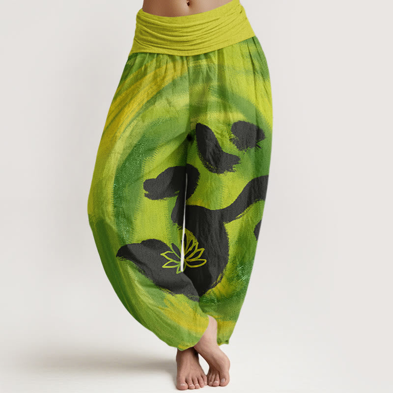Damskie spodnie haremowe z elastyczną talią i symbolem OM z Buddha Stones - Żółtozielony - US22, UK/AU26, EU54 (6XL) - image 8