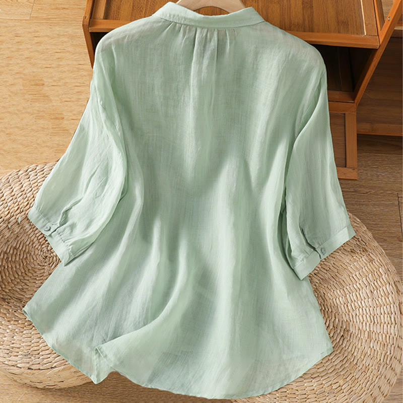 Koszula damska z krótkim rękawem i haftowanymi guzikami z motywem Buddha Stones i liści