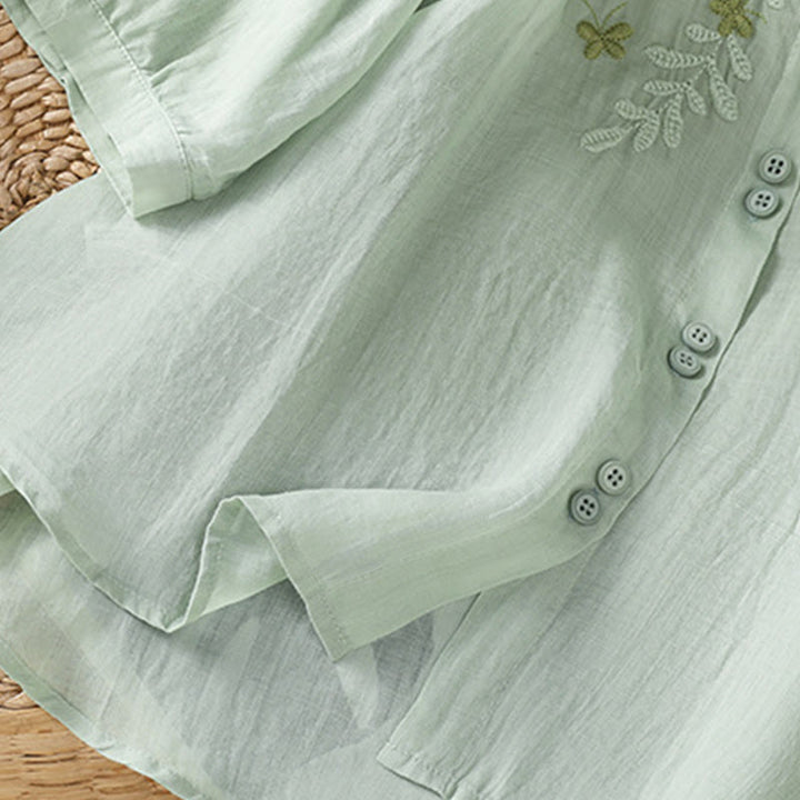 Koszula damska z krótkim rękawem i haftowanymi guzikami z motywem Buddha Stones i liści