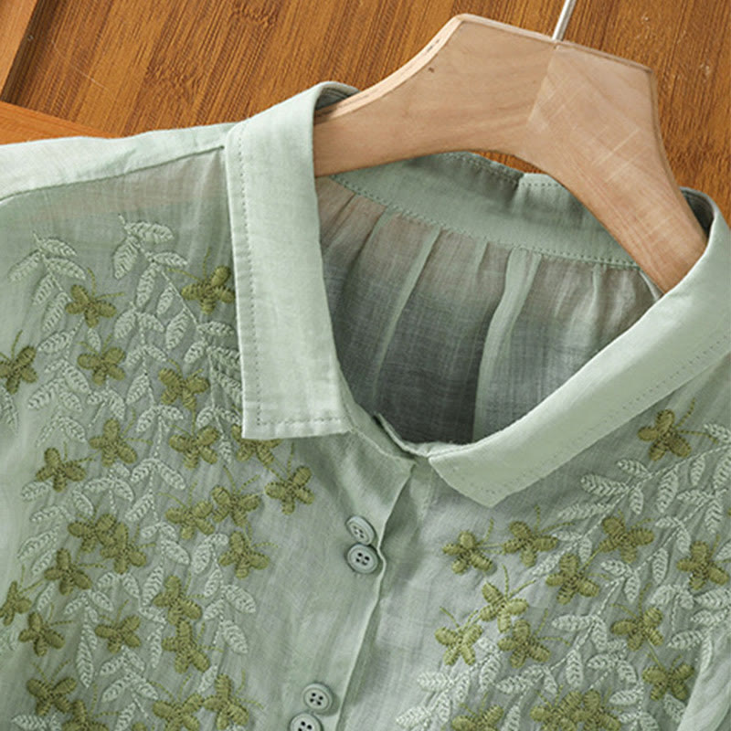 Koszula damska z krótkim rękawem i haftowanymi guzikami z motywem Buddha Stones i liści