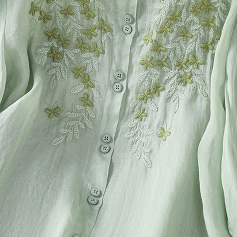 Koszula damska z krótkim rękawem i haftowanymi guzikami z motywem Buddha Stones i liści