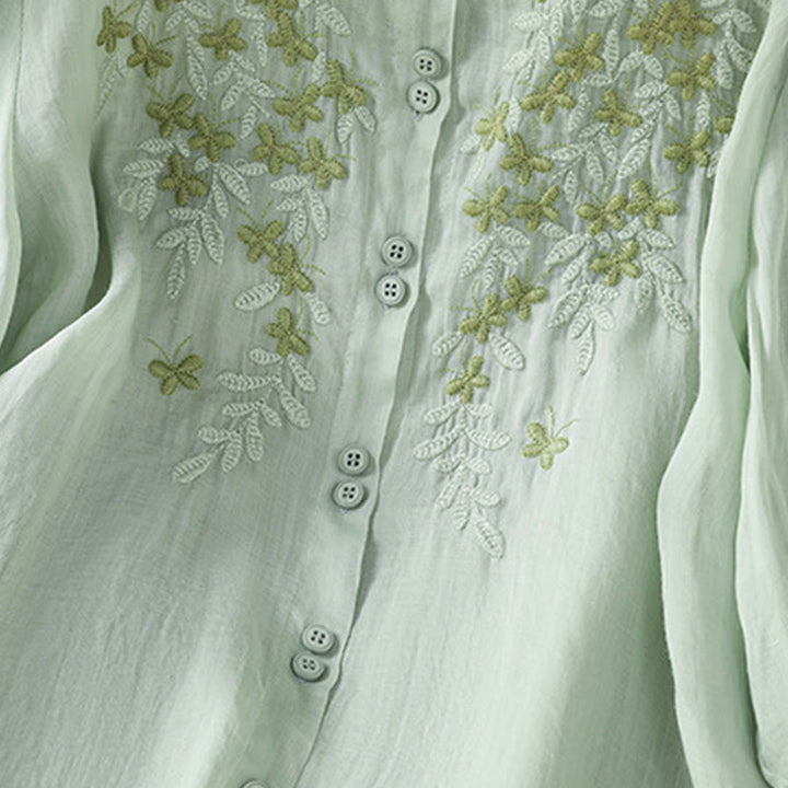 Koszula damska z krótkim rękawem i haftowanymi guzikami z motywem Buddha Stones i liści