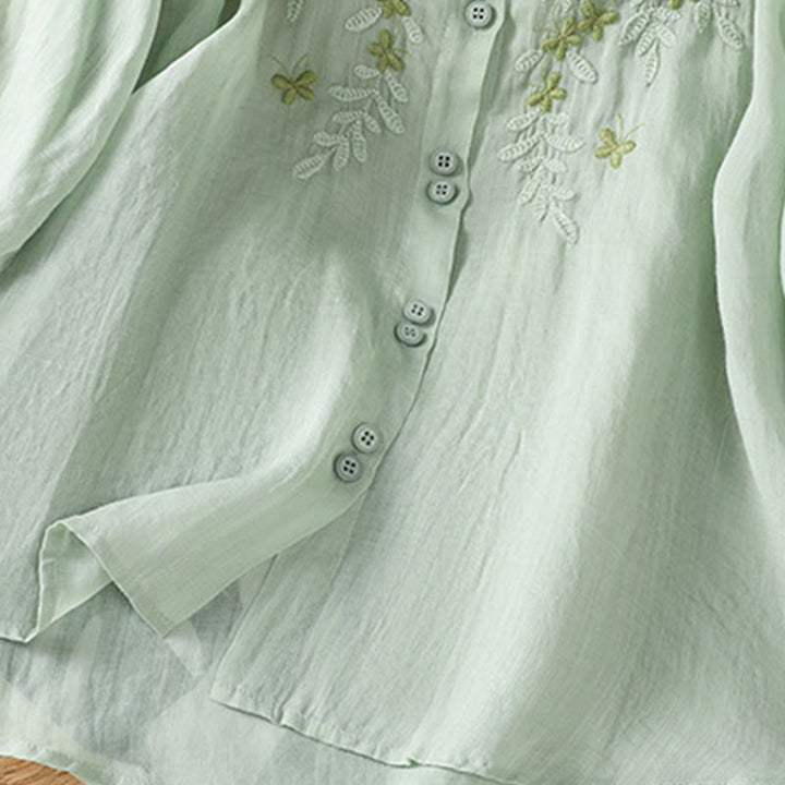 Koszula damska z krótkim rękawem i haftowanymi guzikami z motywem Buddha Stones i liści