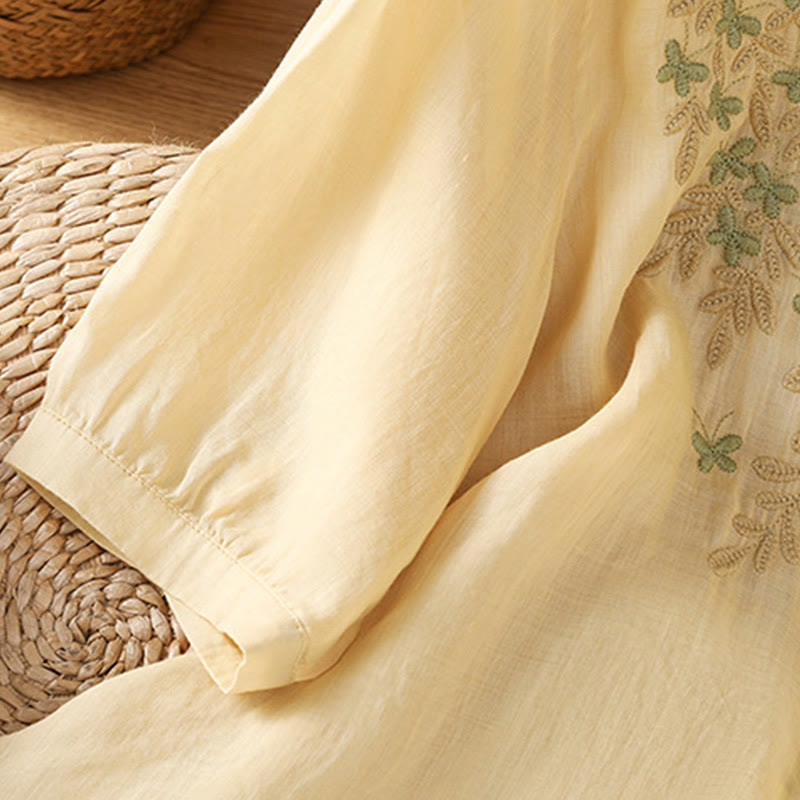 Koszula damska z krótkim rękawem i haftowanymi guzikami z motywem Buddha Stones i liści