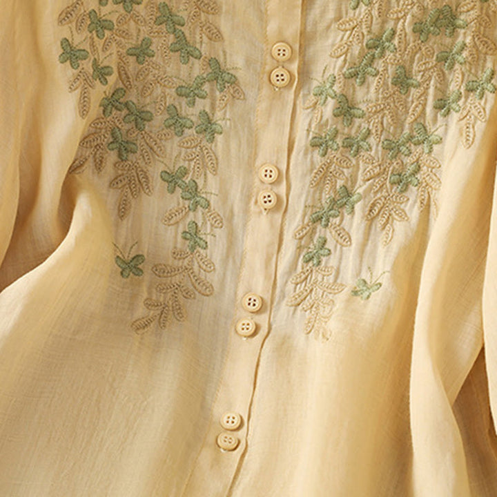 Koszula damska z krótkim rękawem i haftowanymi guzikami z motywem Buddha Stones i liści