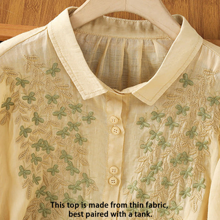 Koszula damska z krótkim rękawem i haftowanymi guzikami z motywem Buddha Stones i liści