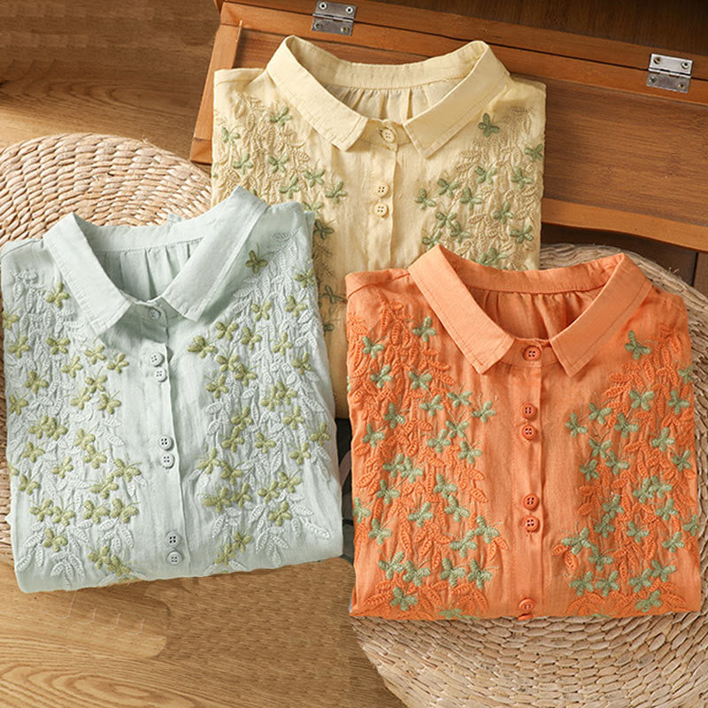 Koszula damska z krótkim rękawem i haftowanymi guzikami z motywem Buddha Stones i liści