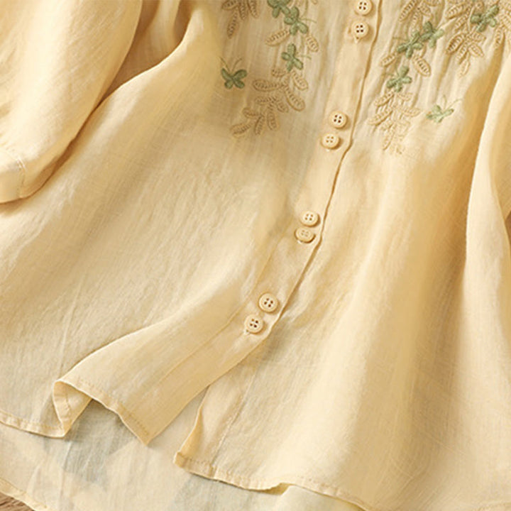 Koszula damska z krótkim rękawem i haftowanymi guzikami z motywem Buddha Stones i liści