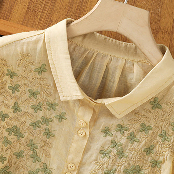 Koszula damska z krótkim rękawem i haftowanymi guzikami z motywem Buddha Stones i liści