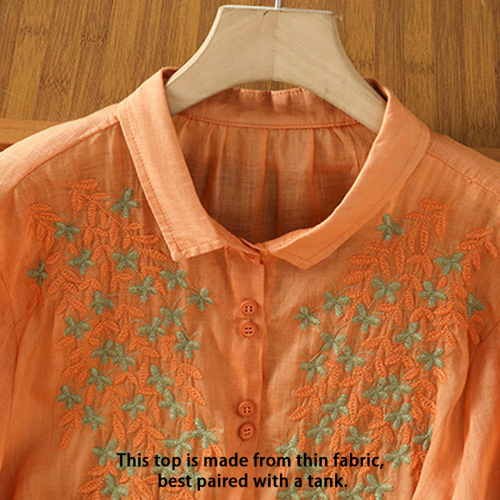 Koszula damska z krótkim rękawem i haftowanymi guzikami z motywem Buddha Stones i liści