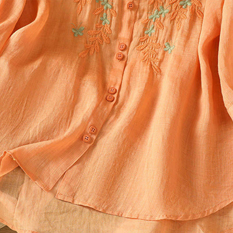 Koszula damska z krótkim rękawem i haftowanymi guzikami z motywem Buddha Stones i liści