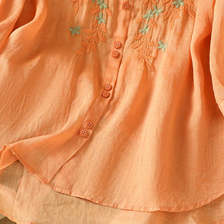 Koszula damska z krótkim rękawem i haftowanymi guzikami z motywem Buddha Stones i liści