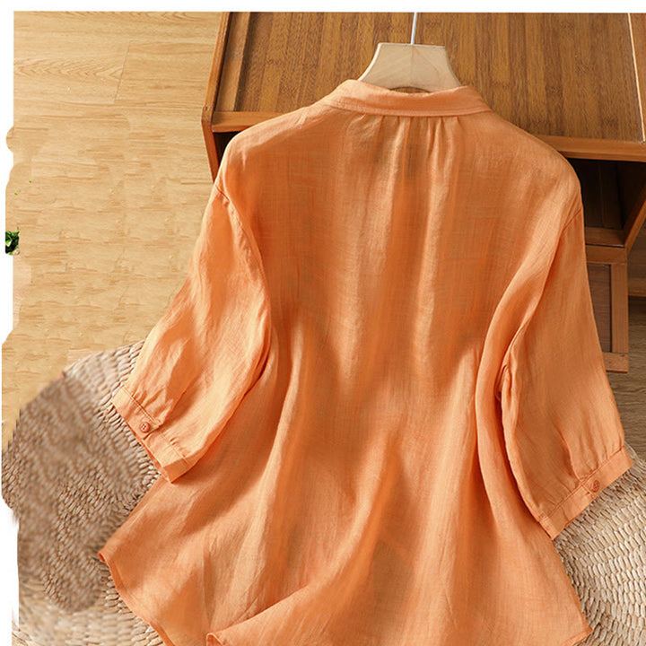 Koszula damska z krótkim rękawem i haftowanymi guzikami z motywem Buddha Stones i liści