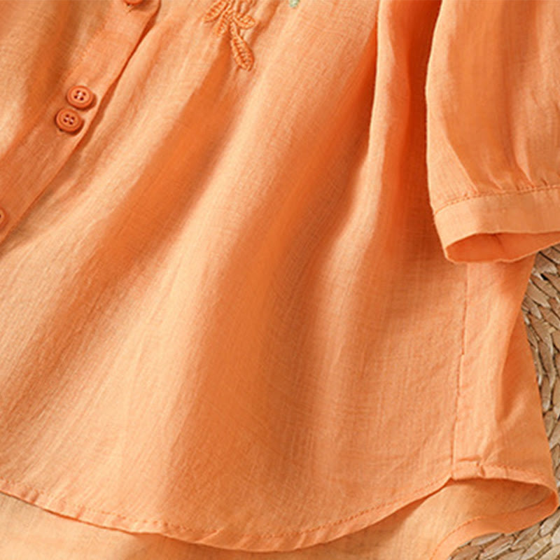 Koszula damska z krótkim rękawem i haftowanymi guzikami z motywem Buddha Stones i liści