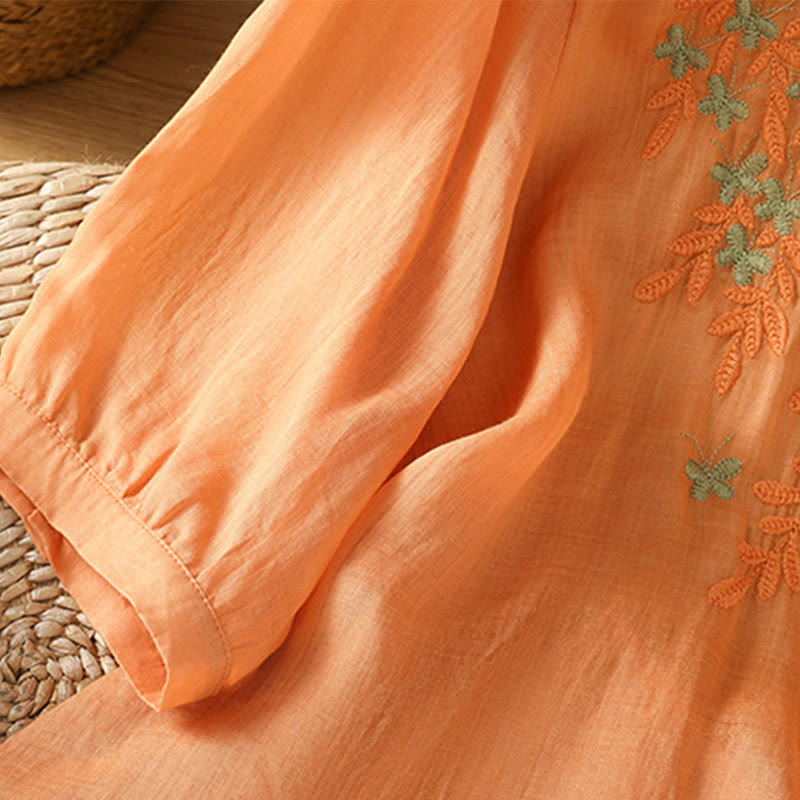 Koszula damska z krótkim rękawem i haftowanymi guzikami z motywem Buddha Stones i liści