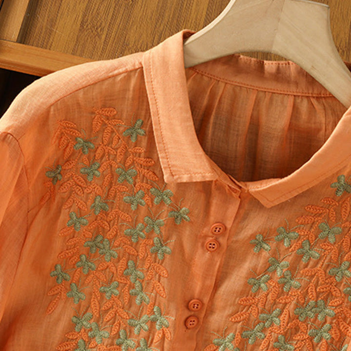 Koszula damska z krótkim rękawem i haftowanymi guzikami z motywem Buddha Stones i liści