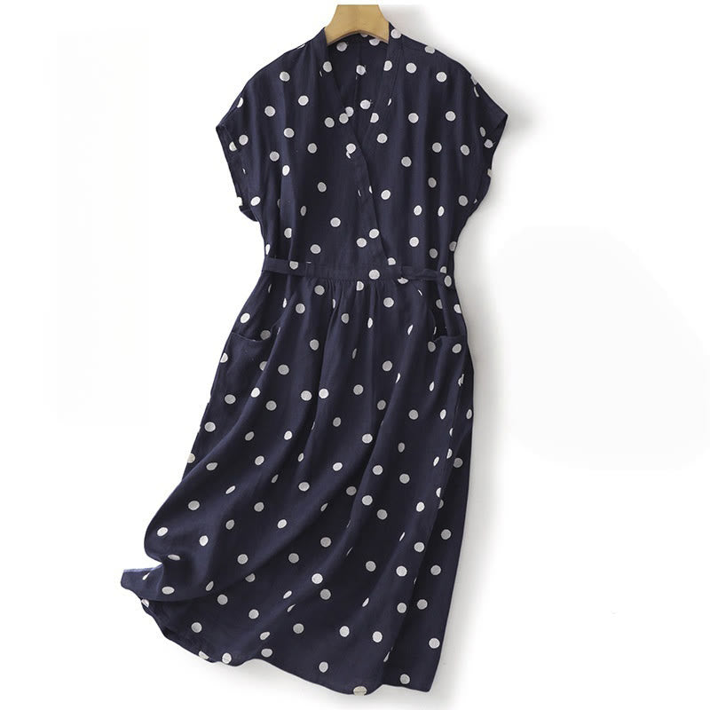 Sukienka midi damska z bawełny i lnu z kieszeniami i dekoltem w serek w groszki z motywem Buddha Stones - Marynarka wojenna - US8-10，UK/AU12-14，EU40-42 (2XL) - image 0