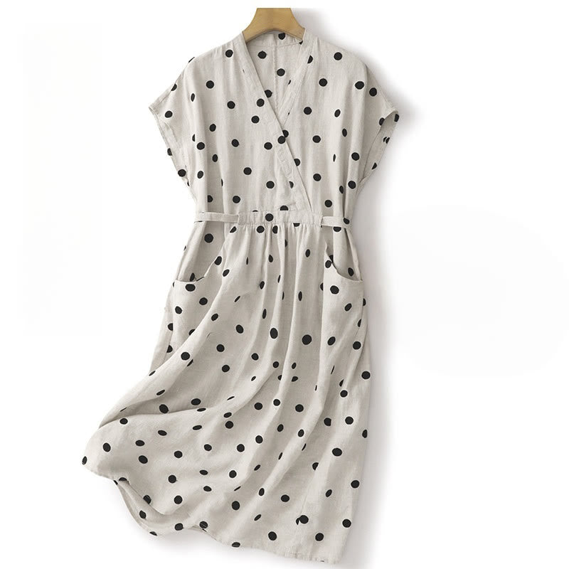 Sukienka midi damska z bawełny i lnu z kieszeniami i dekoltem w serek w groszki z motywem Buddha Stones - Biały - US8-10，UK/AU12-14，EU40-42 (2XL) - image 8